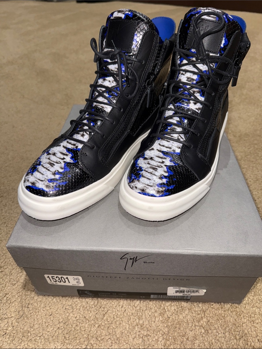 Giuseppe Zanotti Men’s High-Top Sneakers in Black, Blue & White